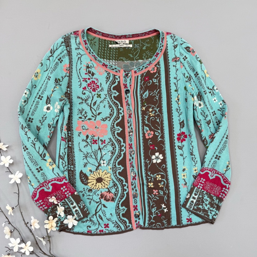 IVKO soft cotton aqua floral cardigan sweater, 38, M.
